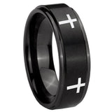 10mm Crosses Step Edges Brush Black Tungsten Carbide Mens Engagement Band