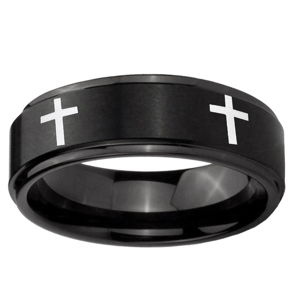 5mm Crosses Step Edges Brush Black Tungsten Custom Mens Ring