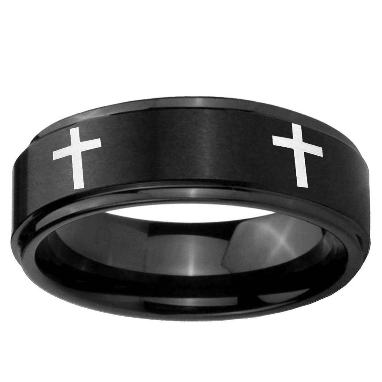 5mm Crosses Step Edges Brush Black Tungsten Custom Mens Ring