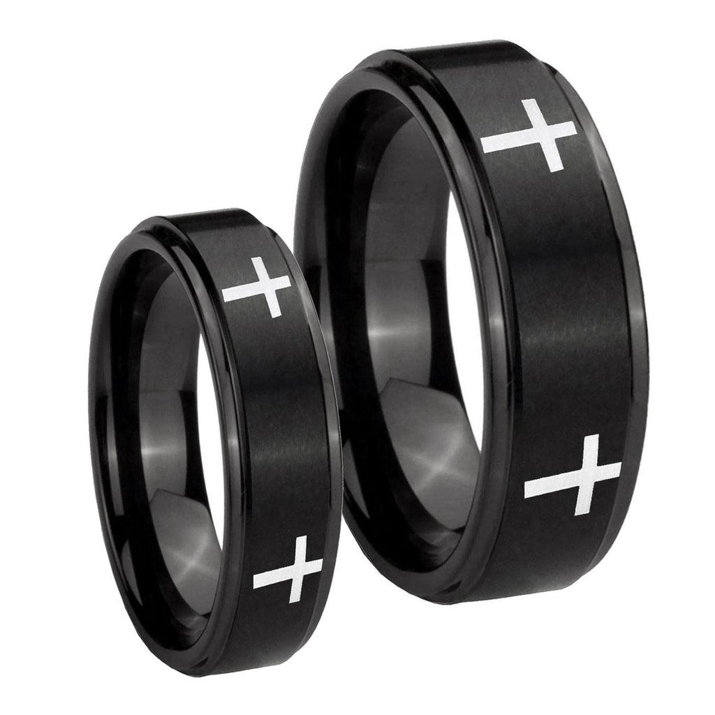 Crosses Step Edges Brush Black Tungsten Matching Ring Set