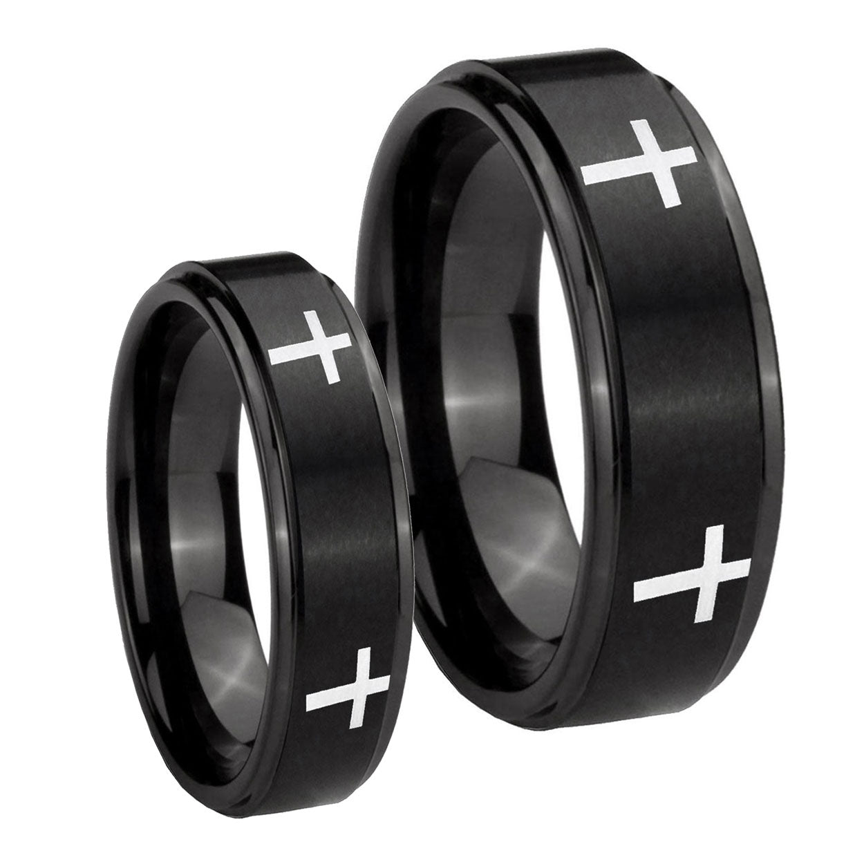 Crosses Step Edges Brush Black Tungsten Matching Ring Set
