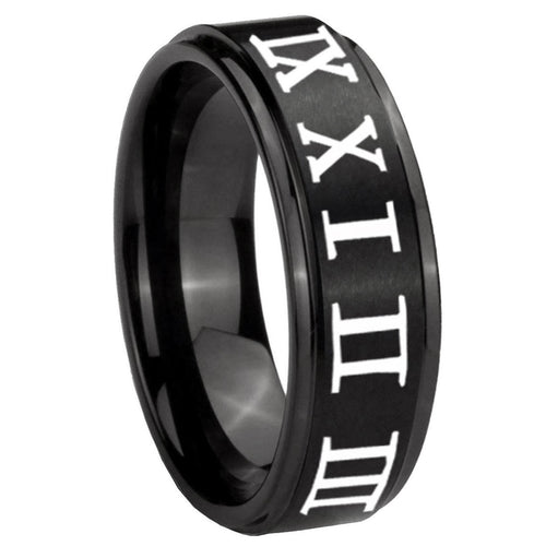 10mm Roman Numeral Step Edges Brush Black Tungsten Men's Engagement Band