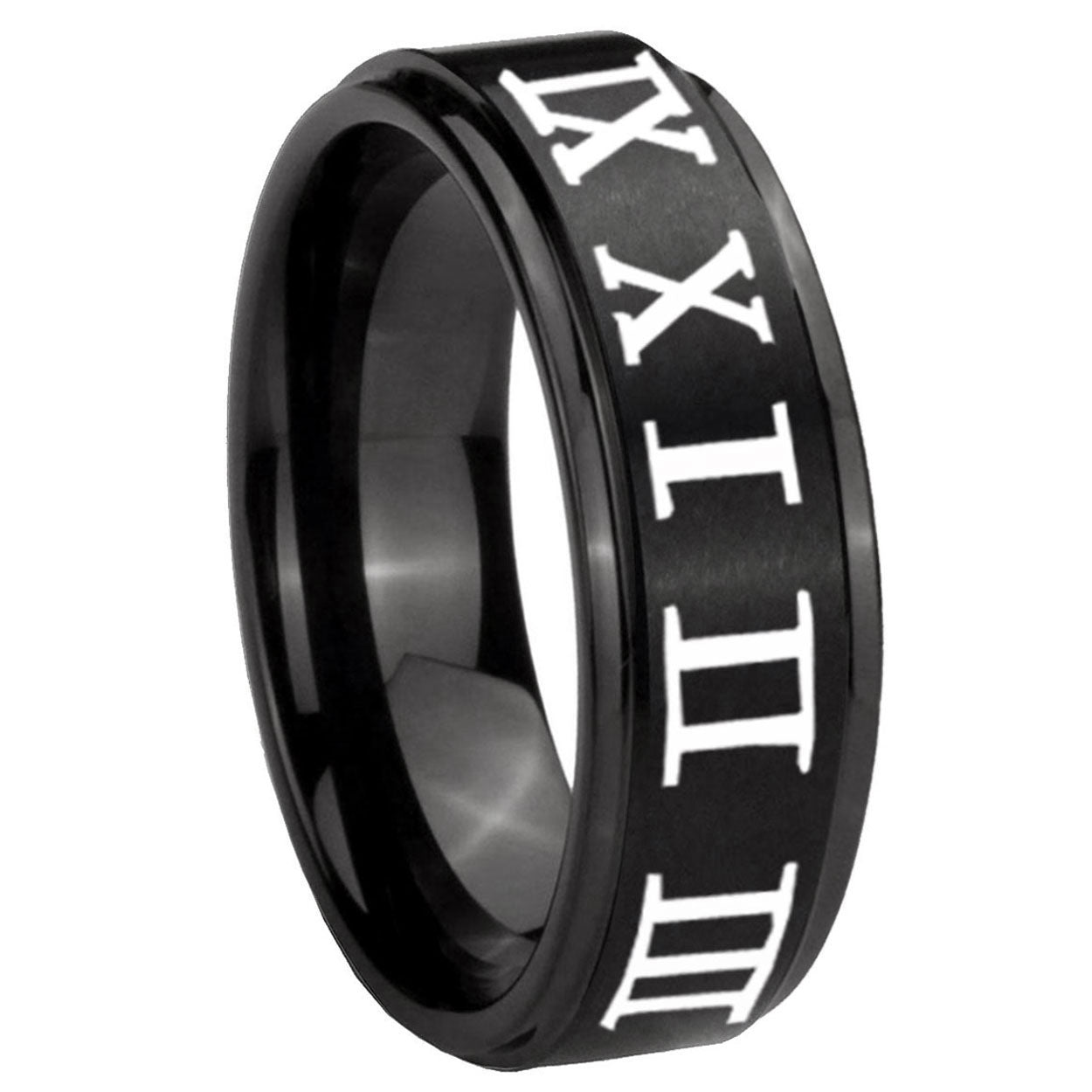 8mm Roman Numeral Step Edges Brush Black Tungsten Ring