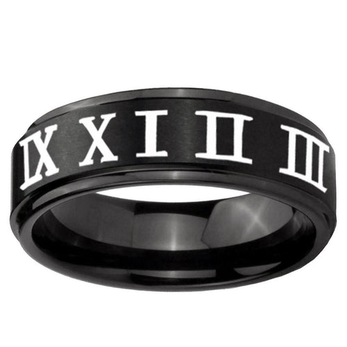10mm Roman Numeral Step Edge Brush Black Tungsten Men's Engagement Band