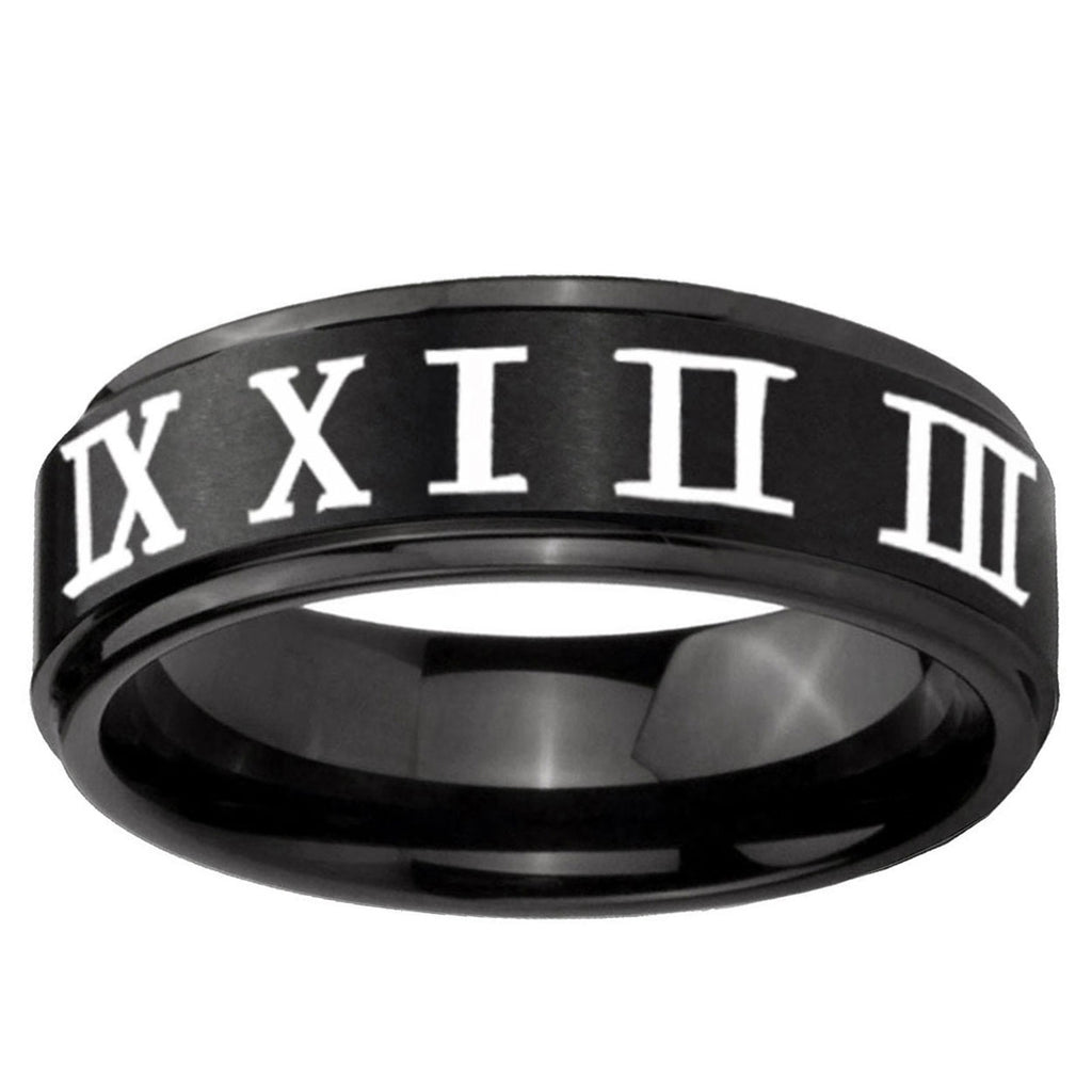 5mm Roman Numeral Step Edges Brush Black Tungsten Ring