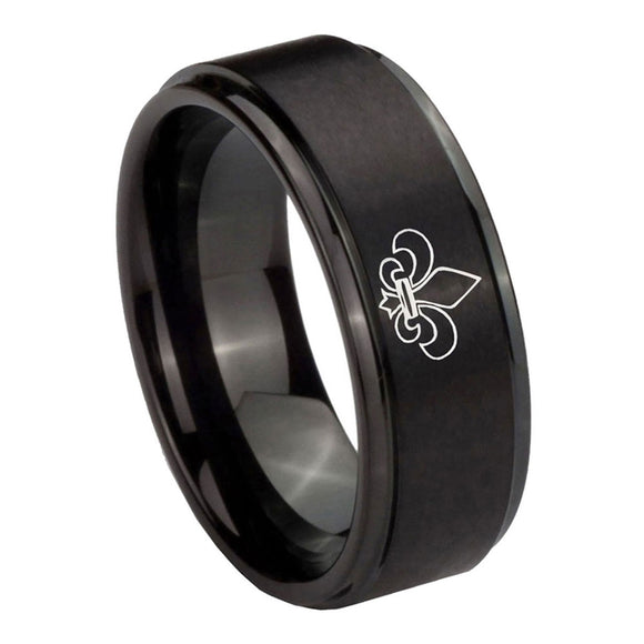 10mm-Fleur-De-Lis-Step-Edges-Brush-Black-Tungsten-Men's-Promise-Rings