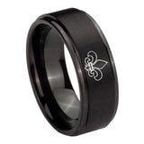 10mm-Fleur-De-Lis-Step-Edges-Brush-Black-Tungsten-Men's-Promise-Rings