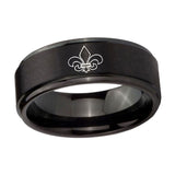 10mm-Fleur-De-Lis-Step-Edges-Brush-Black-Tungsten-Men's-Promise-Rings