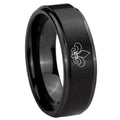 8mm Fleur-De-Lis Step Edges Brush Black Tungsten Mens Ring