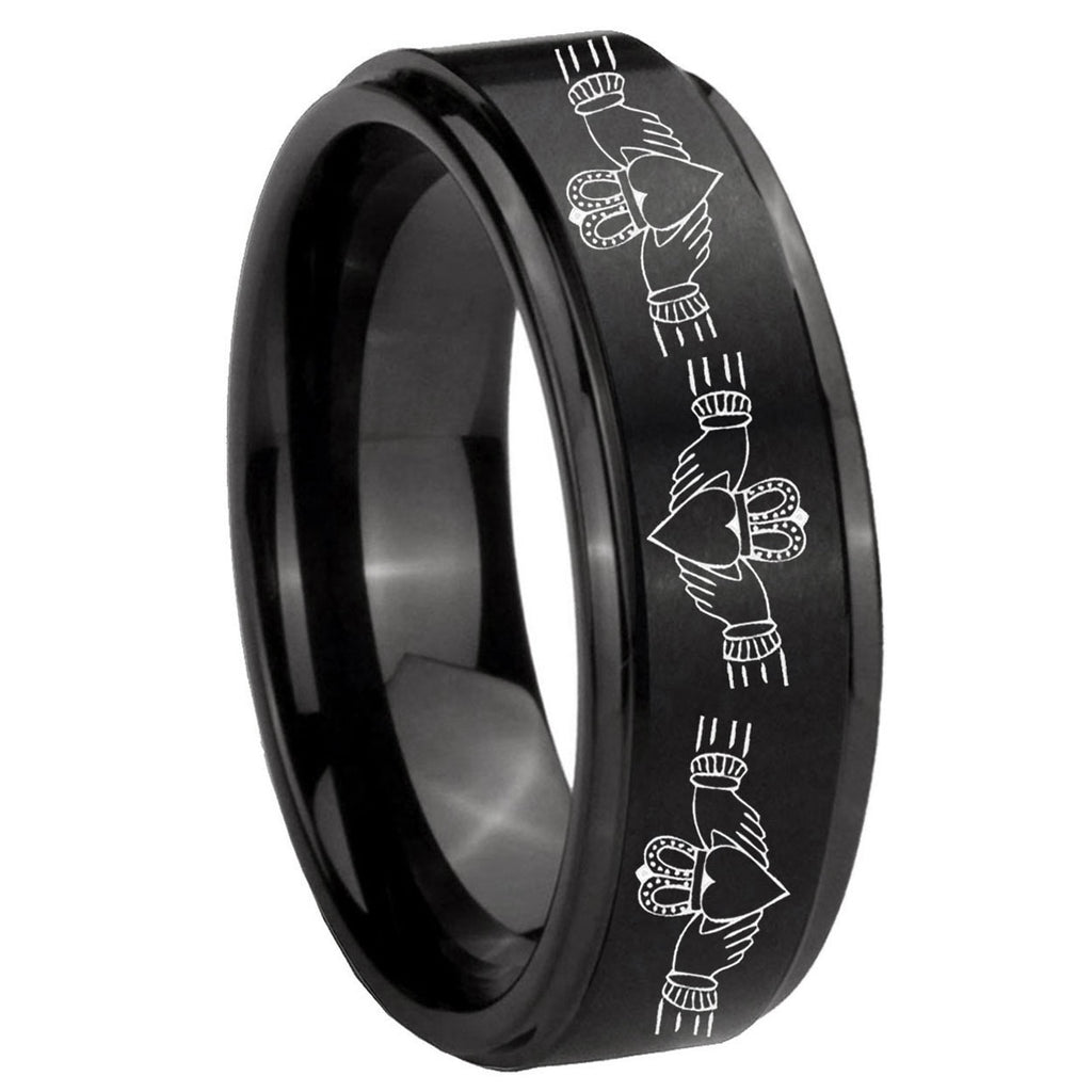 10mm Irish Claddagh Step Edges Brush Black Tungsten Mens Engagement Ring