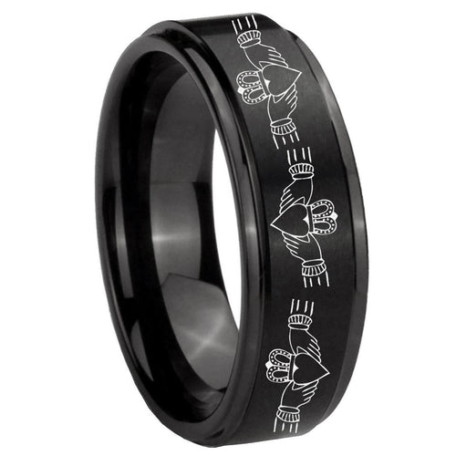 10mm Irish Claddagh Step Edges Brush Black Tungsten Mens Engagement Ring