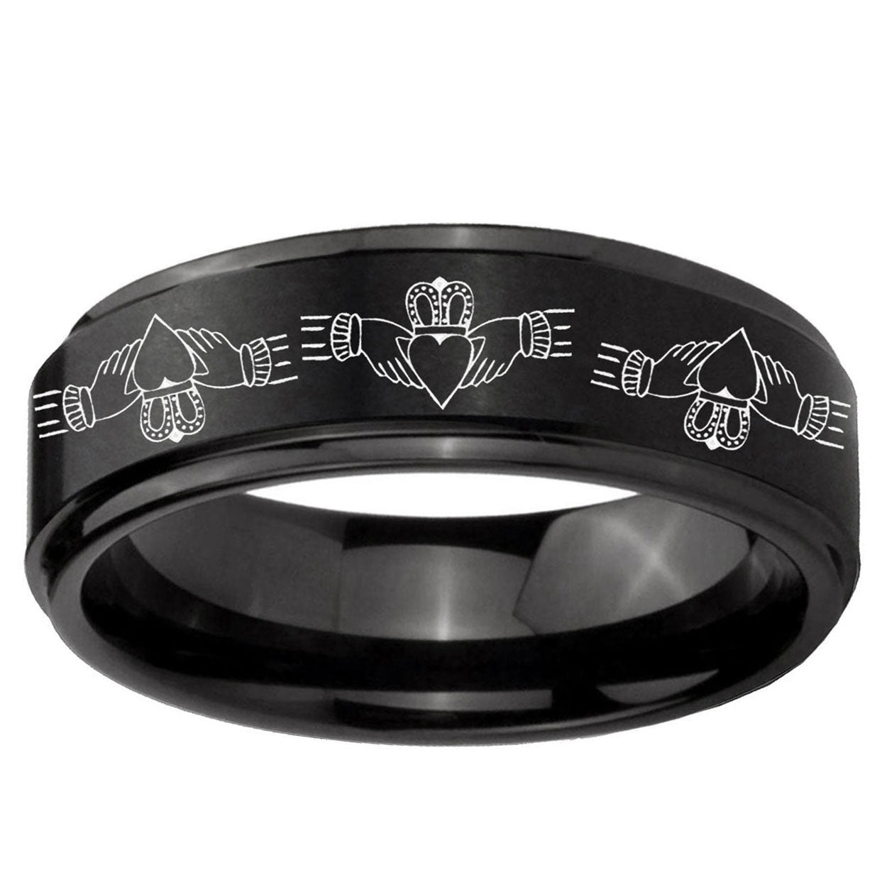 10mm Irish Claddagh Step Edge Brush Black Tungsten Mens Engagement Ring