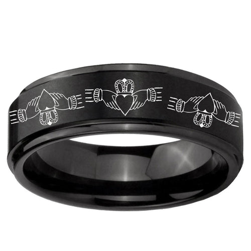 10mm Irish Claddagh Step Edge Brush Black Tungsten Mens Engagement Ring