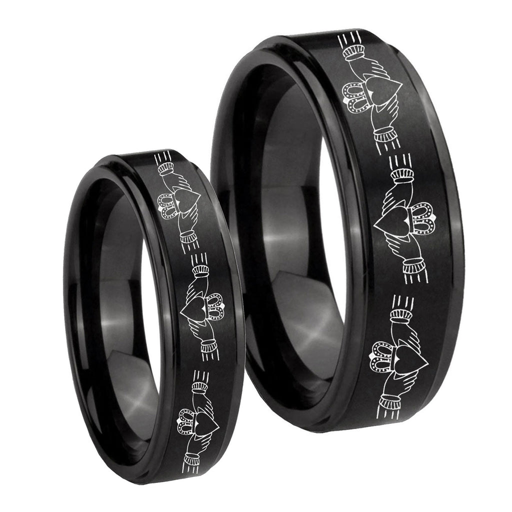 Irish Claddagh Step Edges Brush Black Tungsten Mens Set Rings