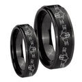 Irish Claddagh Step Edges Brush Black Tungsten Mens Set Rings