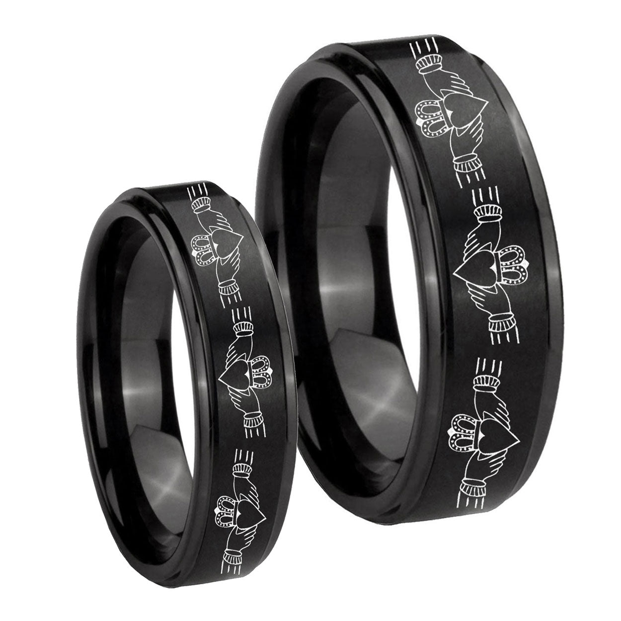 Irish Claddagh Step Edges Brush Black Tungsten Mens Set Rings