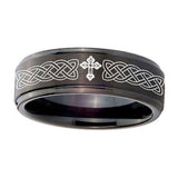 8mm-Celtic-Cross-Step-Edges-Brush-Black-Tungsten-Carbide-Engraved-Ring