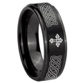 10mm Celtic Cross Step Edges Brush Black Tungsten Carbide Men's Engagement Ring