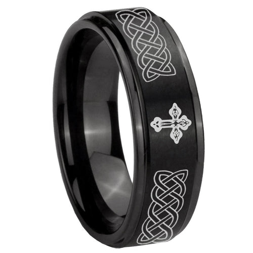 10mm Celtic Cross Step Edges Brush Black Tungsten Carbide Men's Engagement Ring