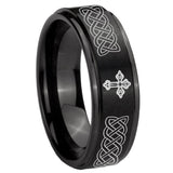 8mm Celtic Cross Step Edges Brush Black Tungsten Carbide Engraved Ring