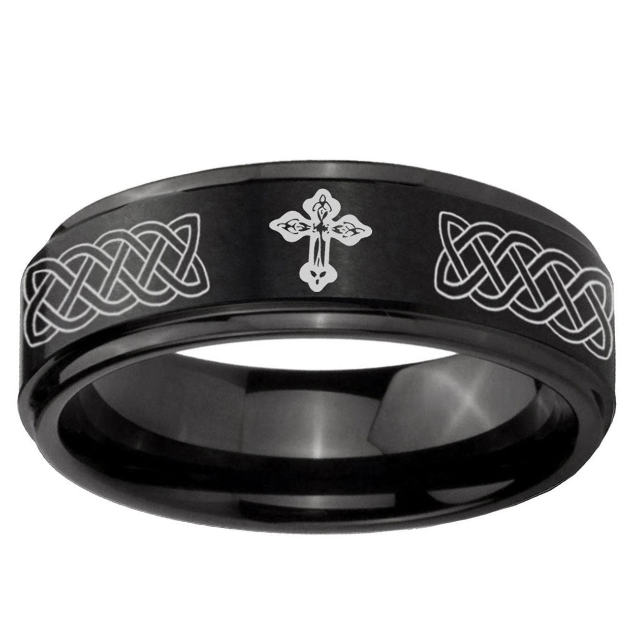 10mm Celtic Cross Step Edge Brush Black Tungsten Ring