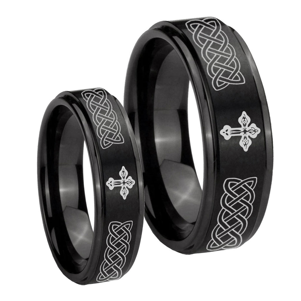 Celtic Cross Step Edges Brush Black Tungsten Bridal Set Rings