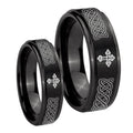 Celtic Cross Step Edges Brush Black Tungsten Bridal Set Rings