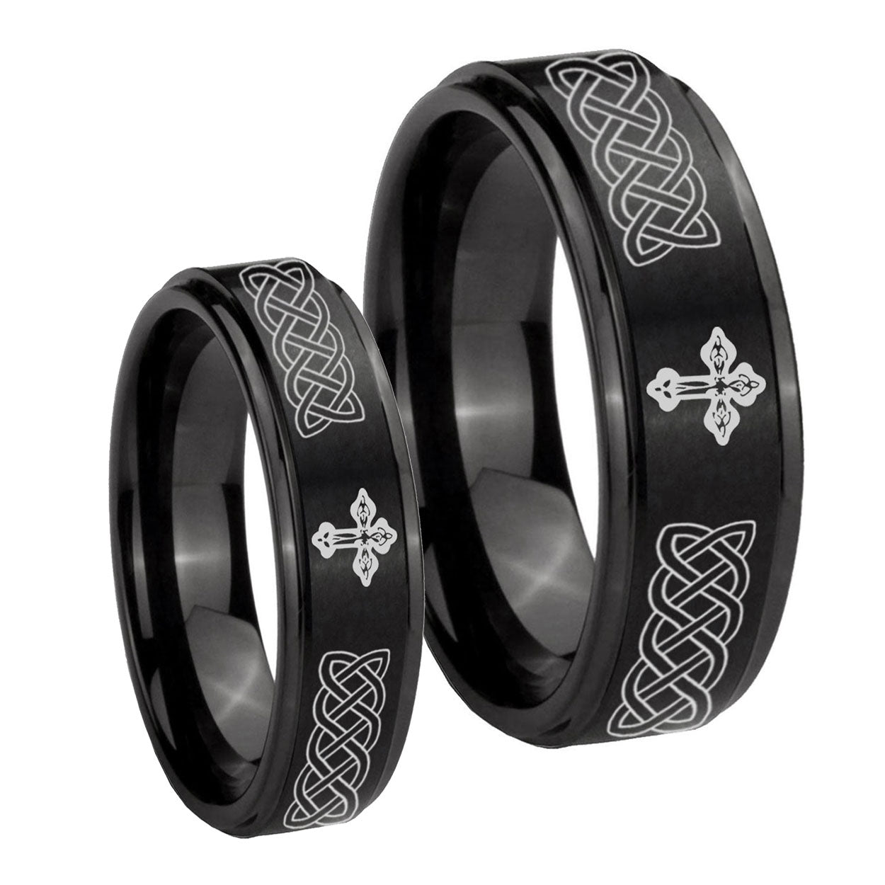 Celtic Cross Step Edges Brush Black Tungsten Bridal Set Rings