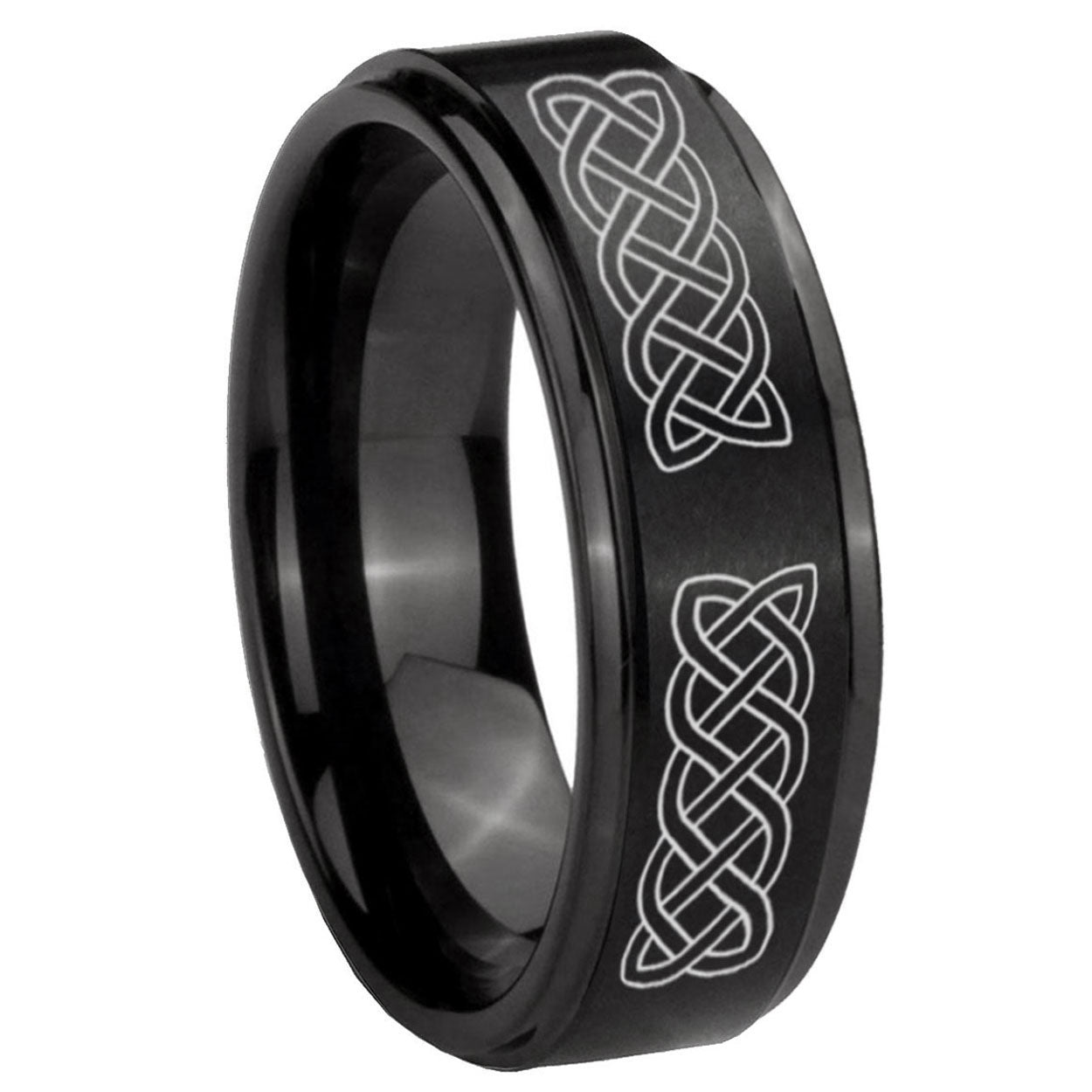10mm Celtic Knot Step Edges Brush Black Tungsten Carbide Mens Promise Ring