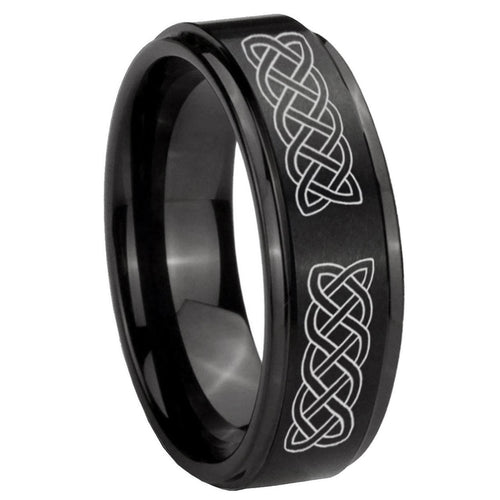 10mm Celtic Knot Step Edges Brush Black Tungsten Carbide Mens Promise Ring