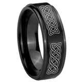 8mm Celtic Knot Step Edges Brush Black Tungsten Carbide Mens Anniversary Ring