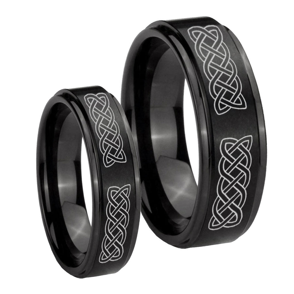 Celtic Knot Step Edges Brush Black Tungsten Engagement Ring Set