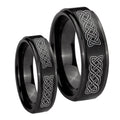 Celtic Knot Step Edges Brush Black Tungsten Engagement Ring Set