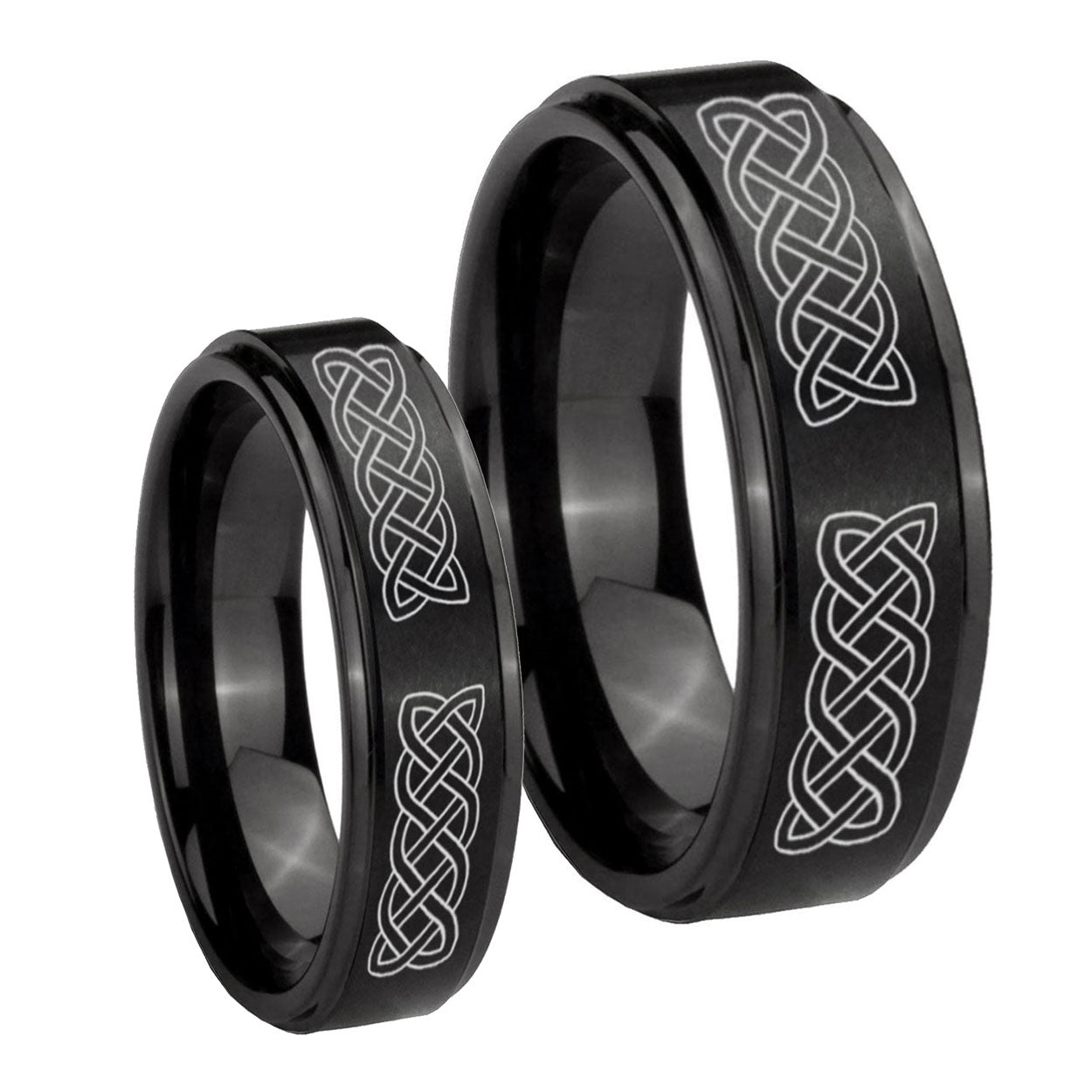 Celtic Knot Step Edges Brush Black Tungsten Engagement Ring Set