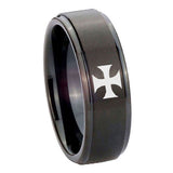 8mm-Maltese-Cross-Step-Edges-Brush-Black-Tungsten-Carbide-Mens-Bands-Ring