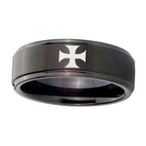 8mm-Maltese-Cross-Step-Edges-Brush-Black-Tungsten-Carbide-Mens-Bands-Ring