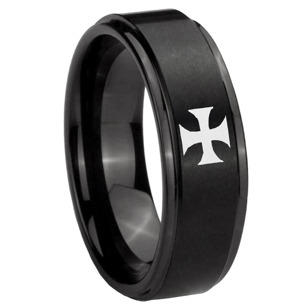 8mm Maltese Cross Step Edges Brush Black Tungsten Band
