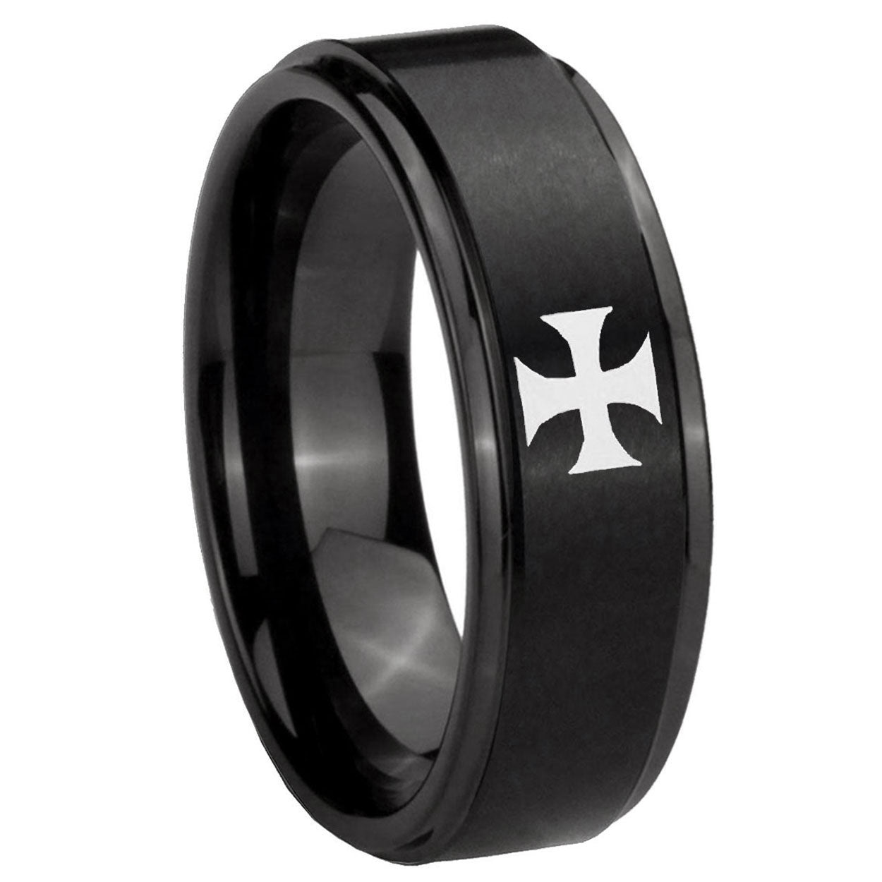 8mm Maltese Cross Step Edges Brush Black Tungsten Band