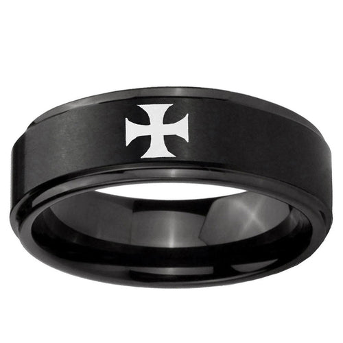 10mm Maltese Cross Step Edge Brush Black Tungsten Carbide Mens Ring