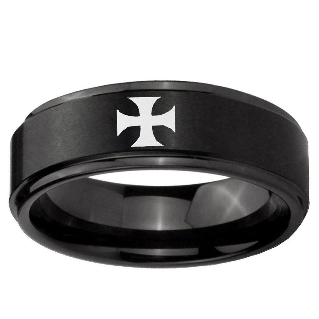 5mm Maltese Cross Step Edges Brush Black Tungsten Band
