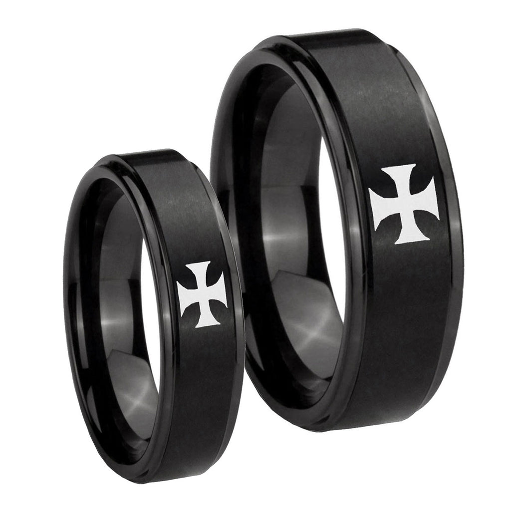 Maltese Cross Step Edges Brush Black Tungsten Wedding Set Rings