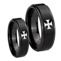 Maltese Cross Step Edges Brush Black Tungsten Wedding Set Rings