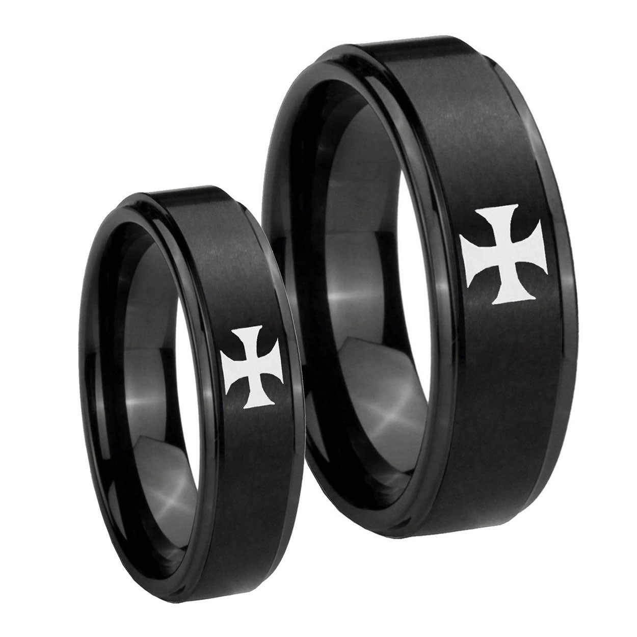 Maltese Cross Step Edges Brush Black Tungsten Wedding Set Rings