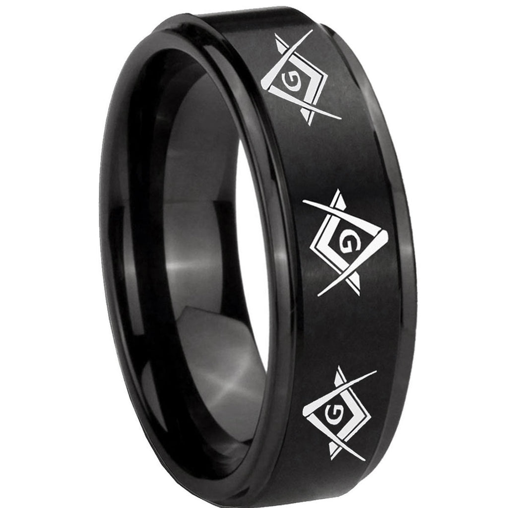 10mm Master Mason Masonic Step Edges Brush Black Tungsten Carbide Men's Ring