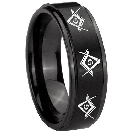 10mm Master Mason Masonic Step Edges Brush Black Tungsten Carbide Men's Ring