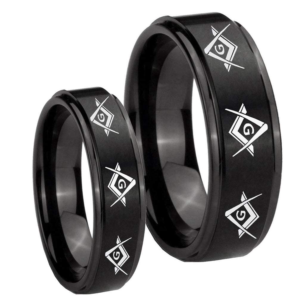 Master Mason Masonic Step Edges Brush Black Tungsten Couple Wedding Bands