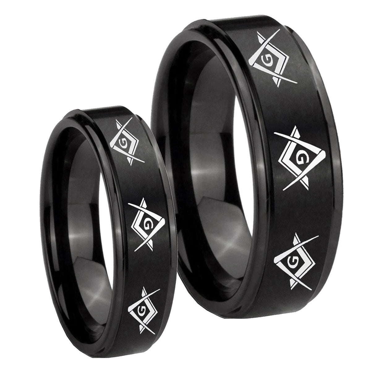 Master Mason Masonic Step Edges Brush Black Tungsten Couple Wedding Bands