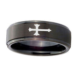 10mm-Christian-Cross-Step-Edges-Brush-Black-Tungsten-Carbide-Mens-Ring-Engraved