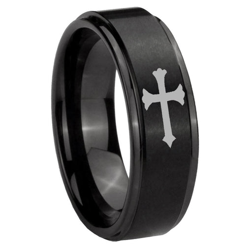 10mm Christian Cross Step Edges Brush Black Tungsten Carbide Mens Ring Engraved