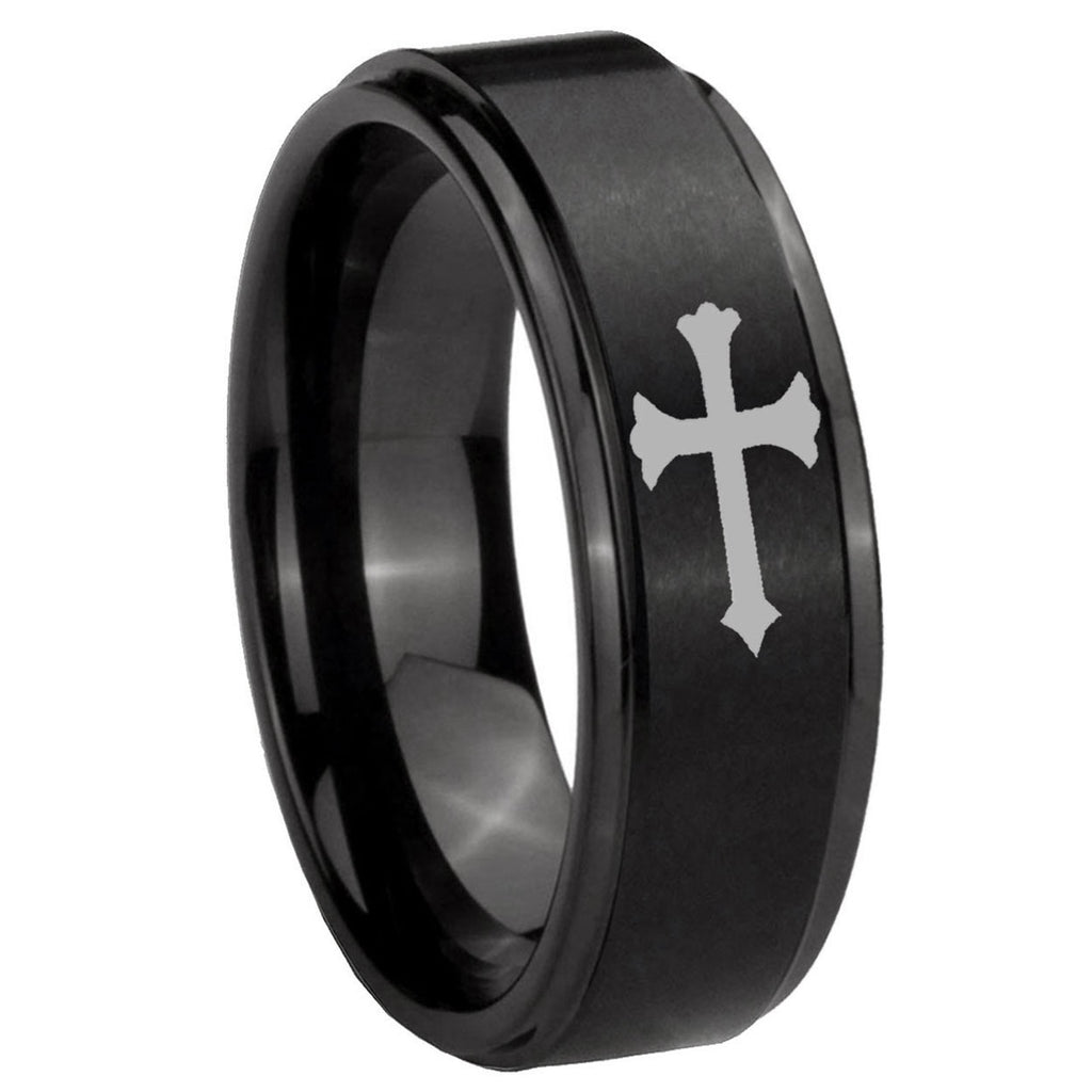 8mm Christian Cross Step Edges Brush Black Tungsten Ring